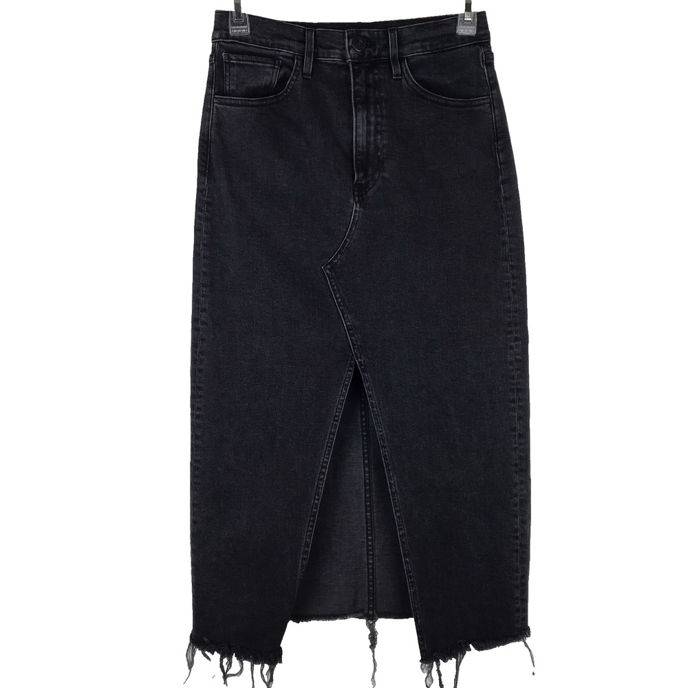 3x1 Denim Midi Skirt Front Slit Frayed Raw Hem High Rise Pockets Black Size 25